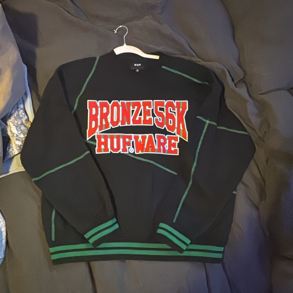 HUF Black Sweater with Green Accents and Red Logo